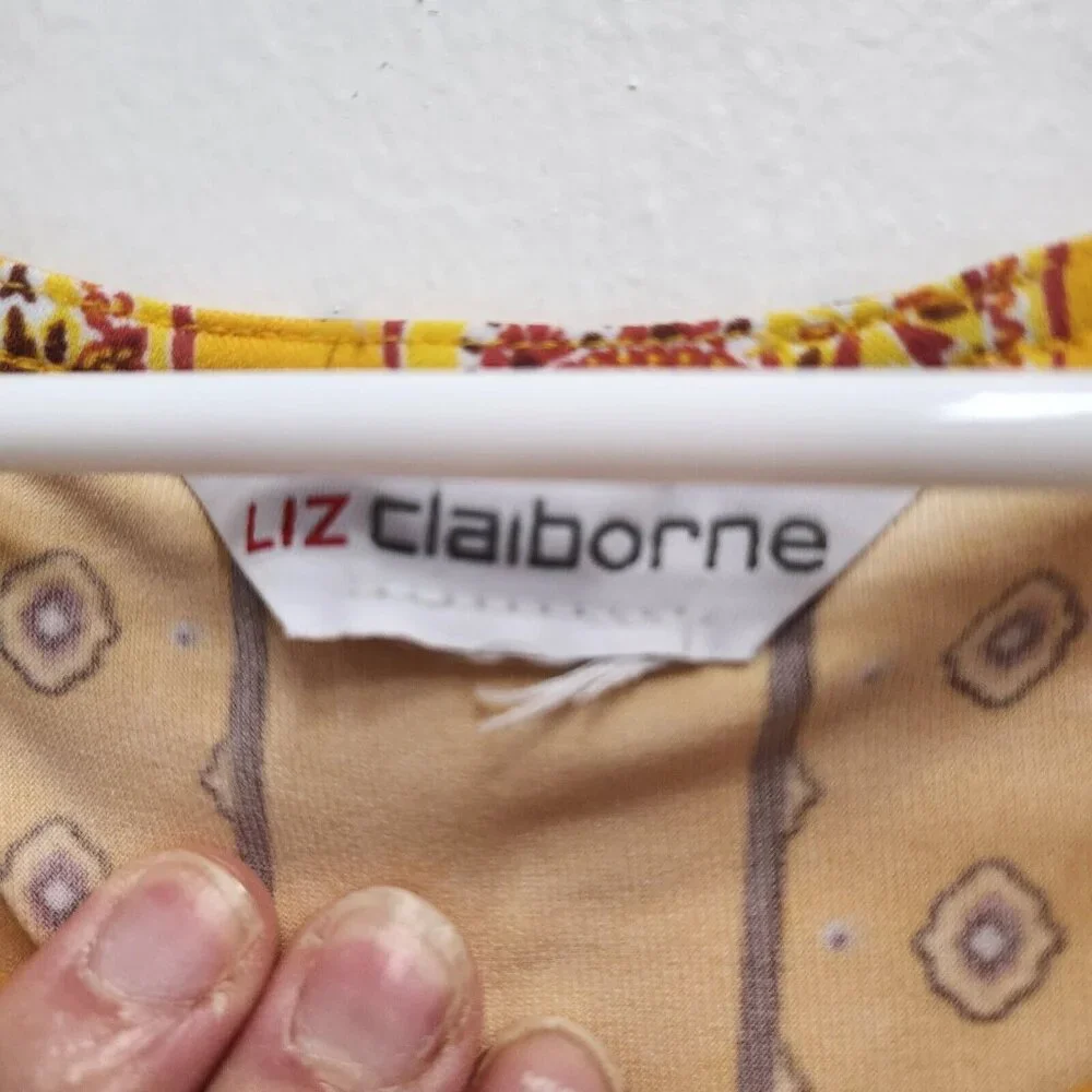 Liz Claiborne BOHO Shift Dress Women XL Yellow Paisley Keyhole Neck Sleeveless - Picture 5 of 7
